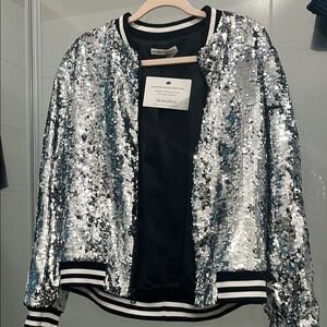 Alice + Olivia Silver Sequin Bomber Jacket